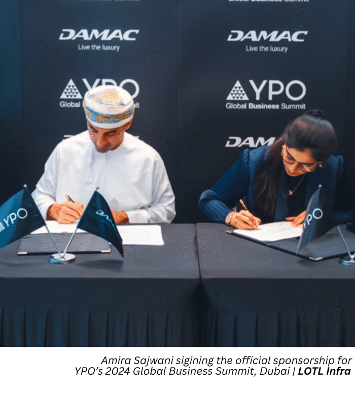 Amira Sajwani sigining the official sponsorship for YPO’s 2024 Global Business Summit, Dubai LOTL Infra